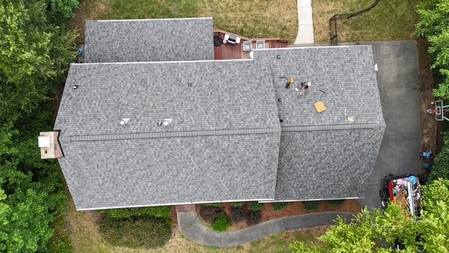 Aerial view of a completed architectural shingle roof replacement on a Fort Mill, SC home — Charlotte Ace Roofing