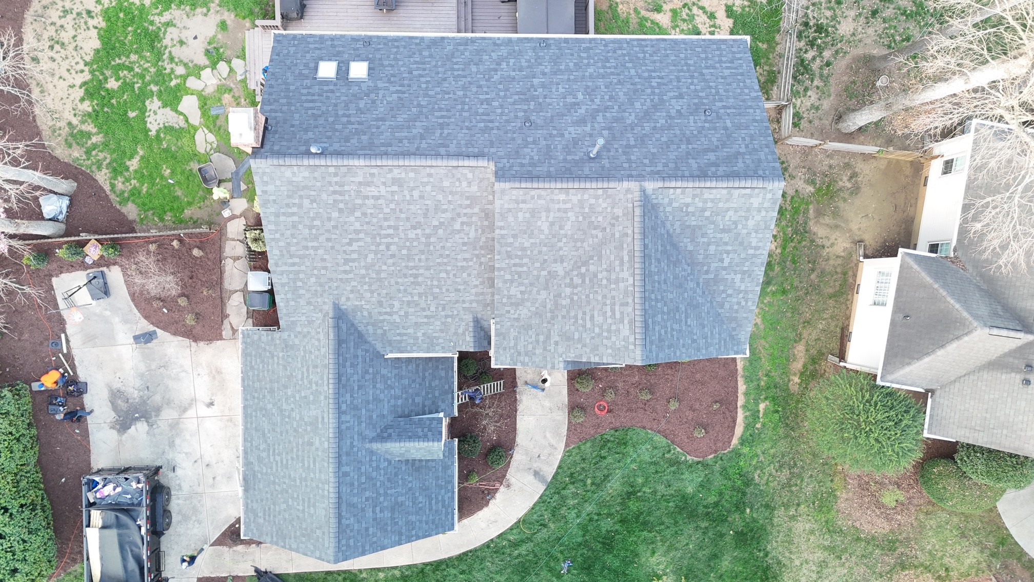 Aerial top-down view of a completed roof replacement in the Waxhaw, NC service area